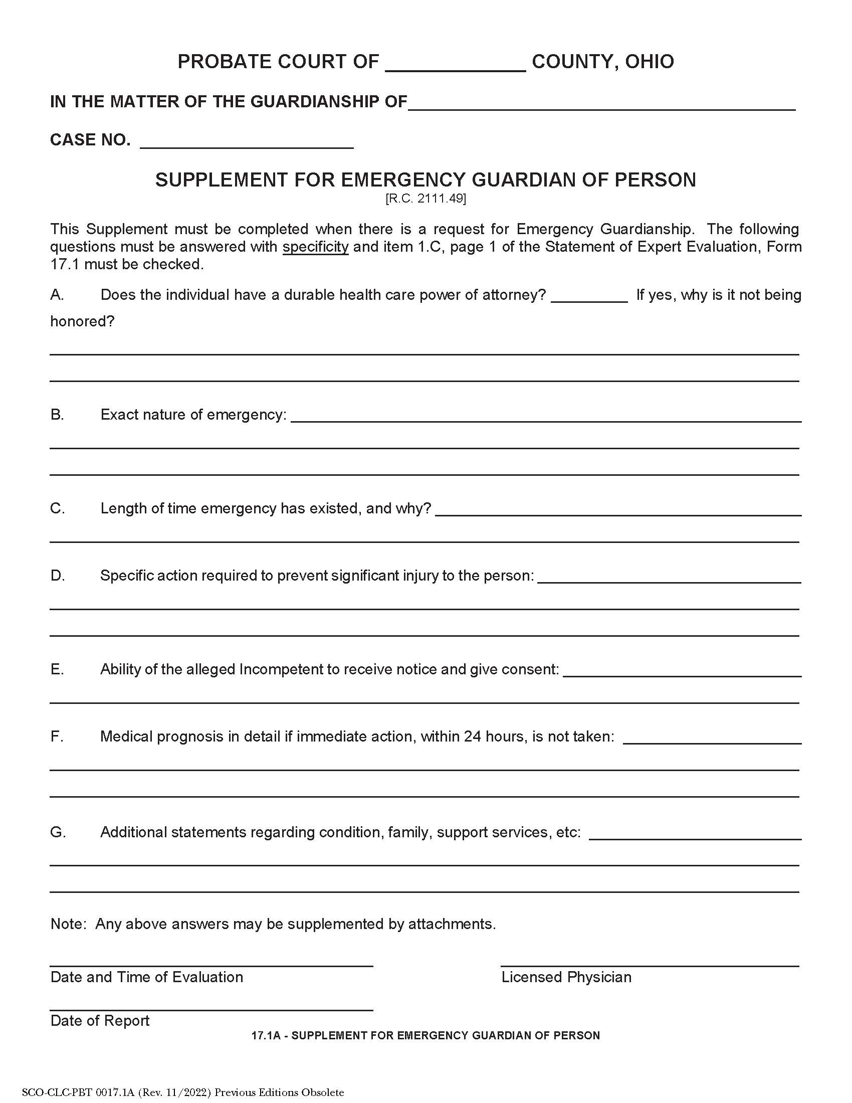Supplement For Emergency Guardian Of Person {17.1A} | Pdf Fpdf Docx | Ohio