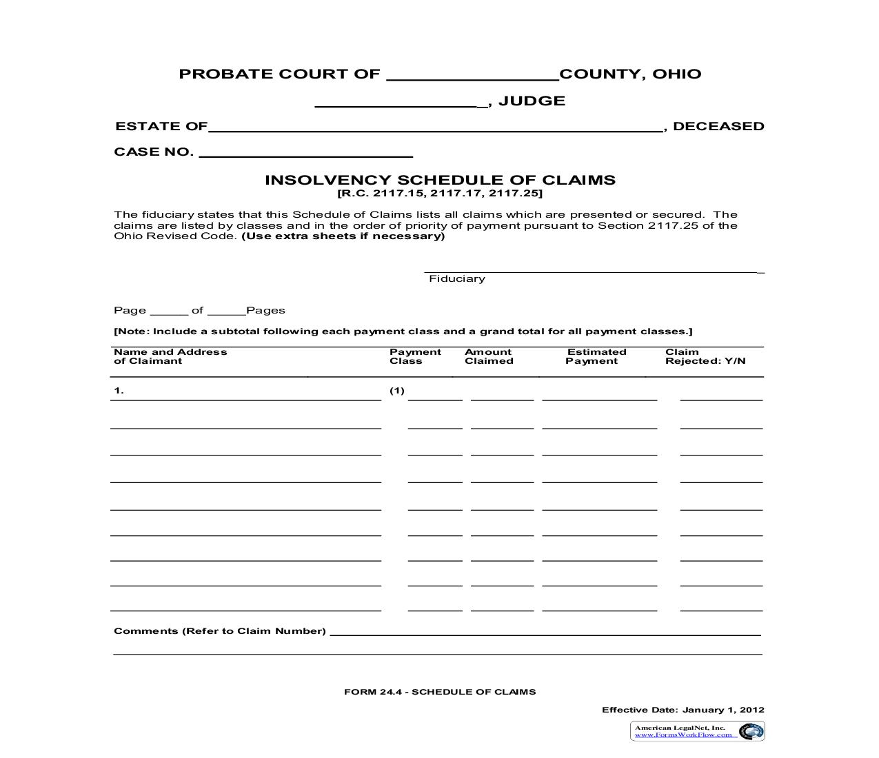 Insolvency Schedule Of Claims {24.4} | Pdf Fpdf Doc Docx | Ohio