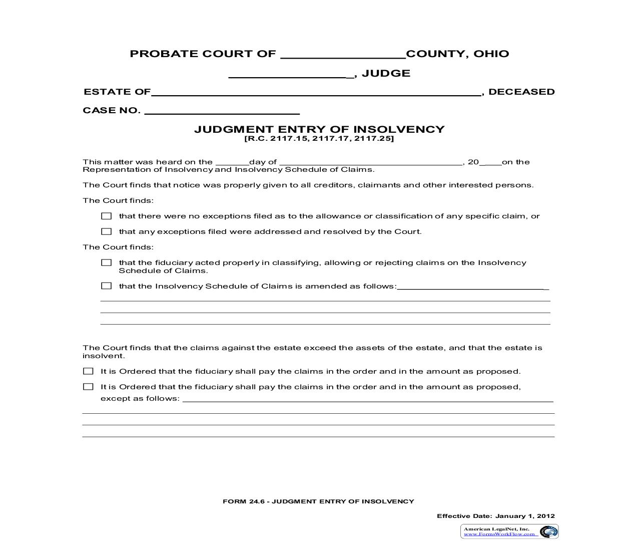Judgment Entry Of Insolvency {24.6} | Pdf Fpdf Doc Docx | Ohio
