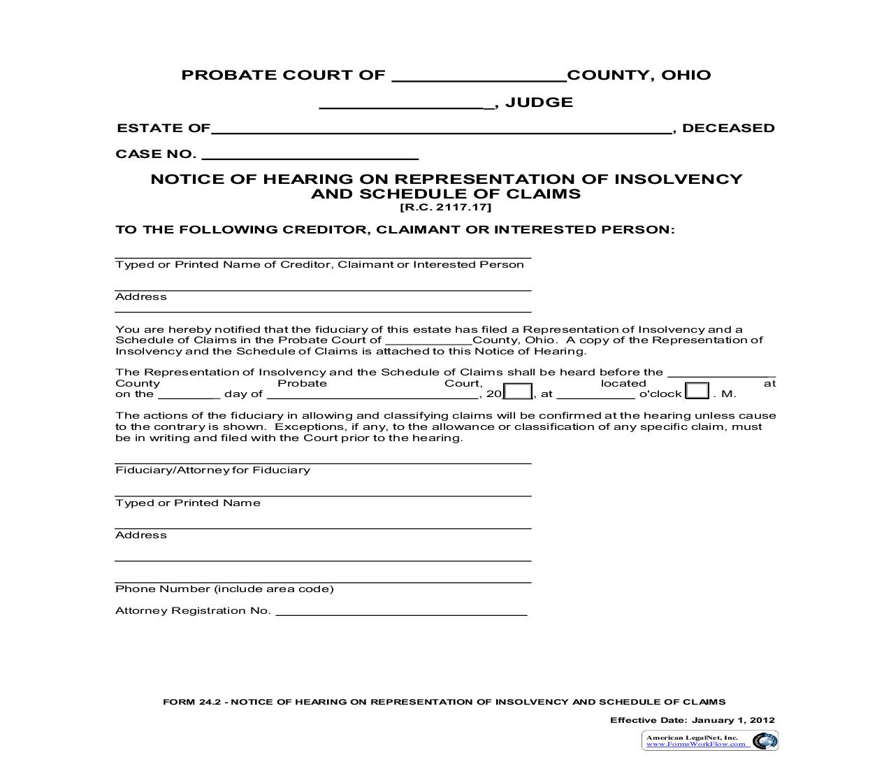 Notice Of Hearing On Representation Of Insolvency And Schedule Of Claims {24.2} | Pdf Fpdf Doc Docx | Ohio