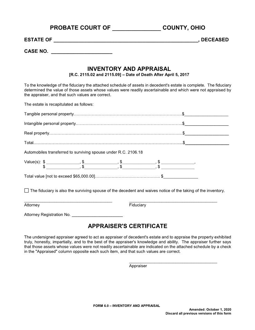 Inventory And Appraisal {6.0} | Pdf Fpdf Doc Docx | Ohio