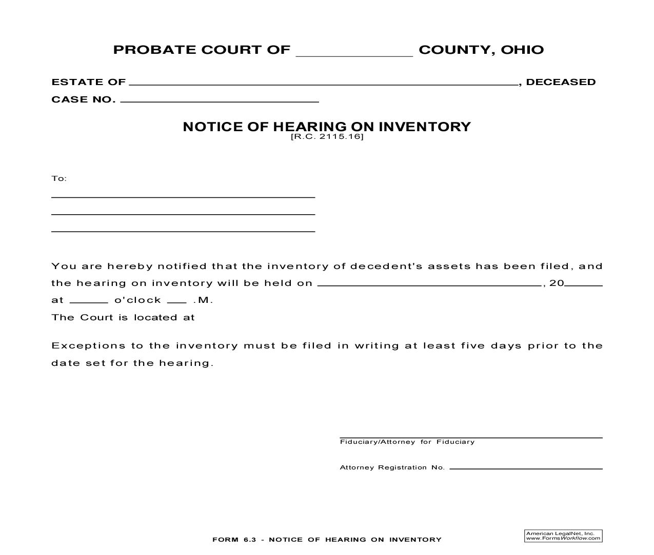 Notice Of Hearing On Inventory {6.3} | Pdf Fpdf Doc Docx | Ohio