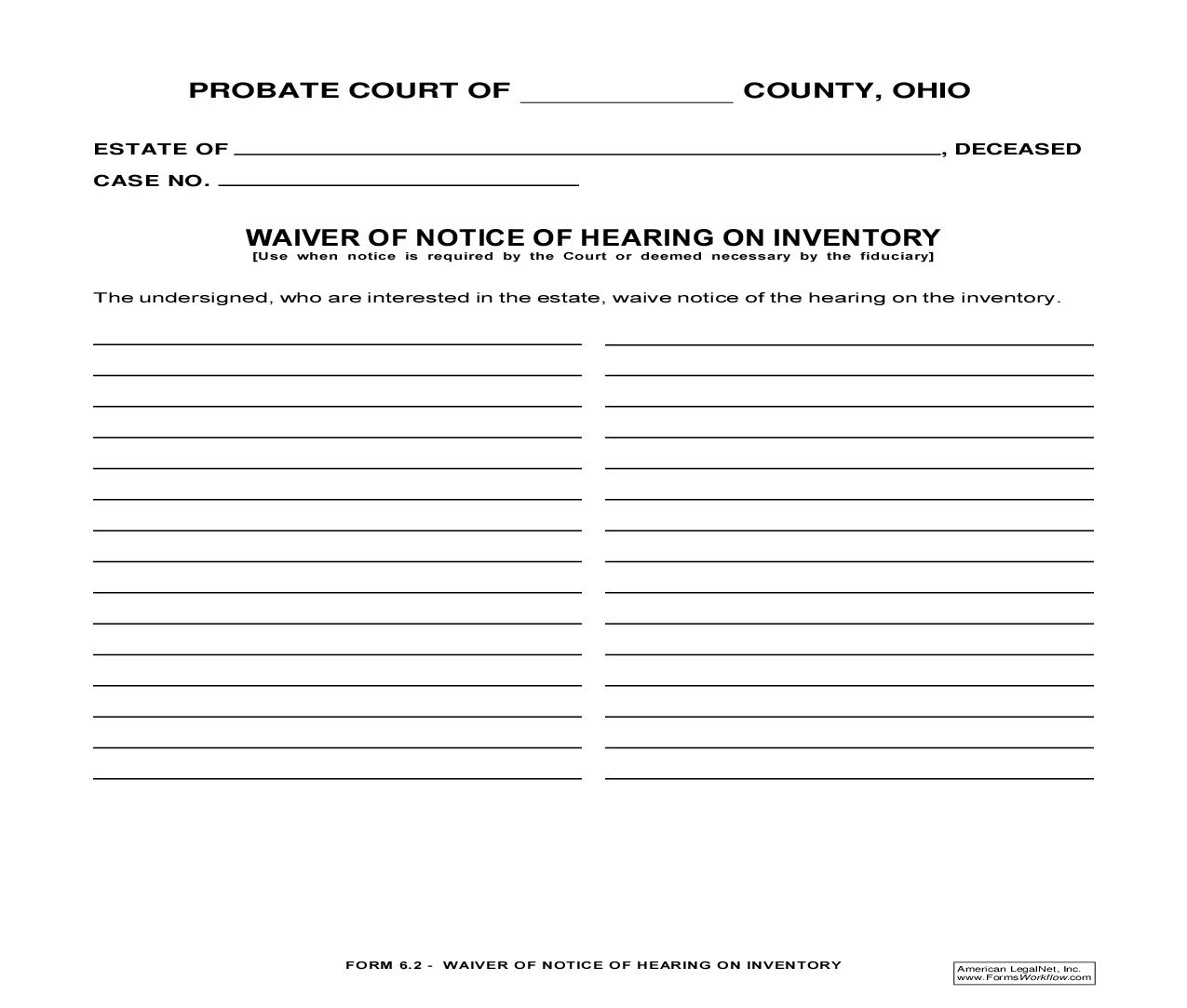 Waiver Of Notice Of Hearing On Inventory {6.2} | Pdf Fpdf Doc Docx | Ohio