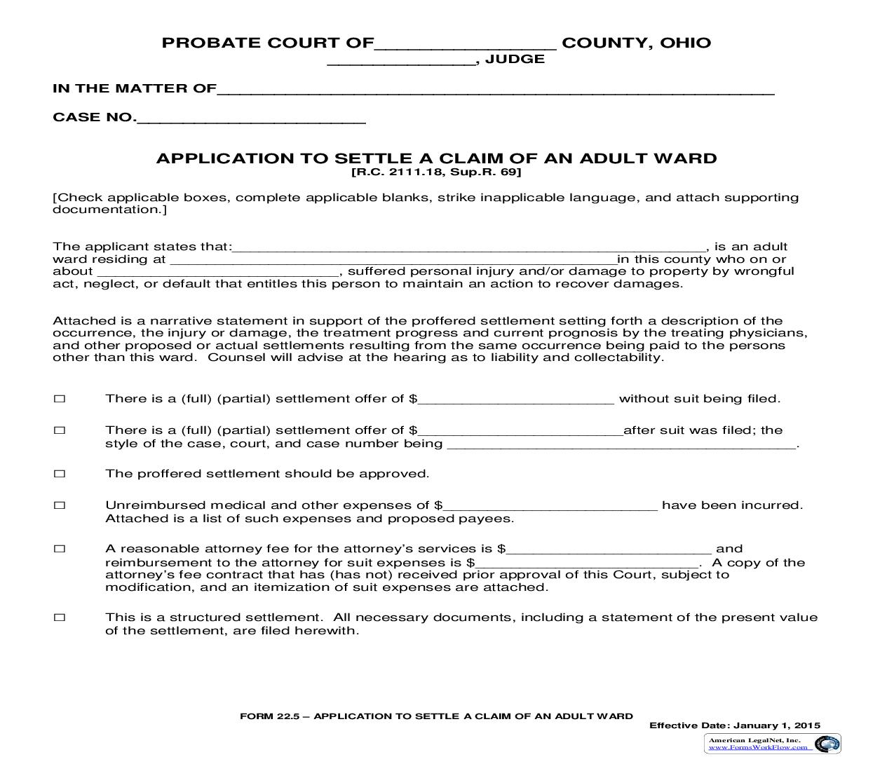 Application To Settle A Claim Of An Adult Ward {22.5} | Pdf Fpdf Doc Docx | Ohio