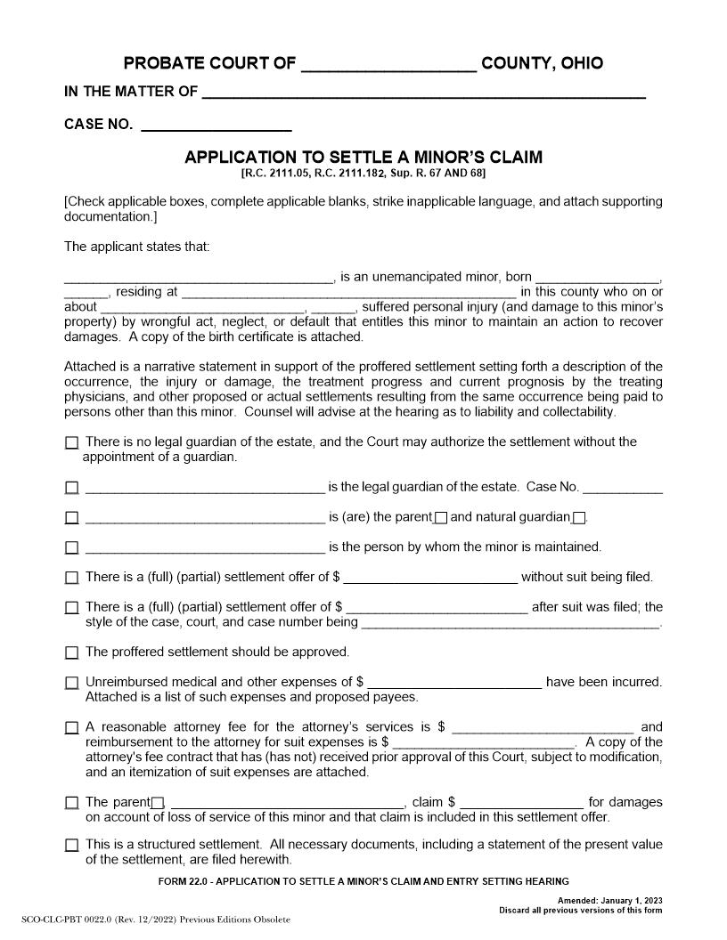 Application To Settle A Minors Claim {22.0} | Pdf Fpdf Doc Docx | Ohio