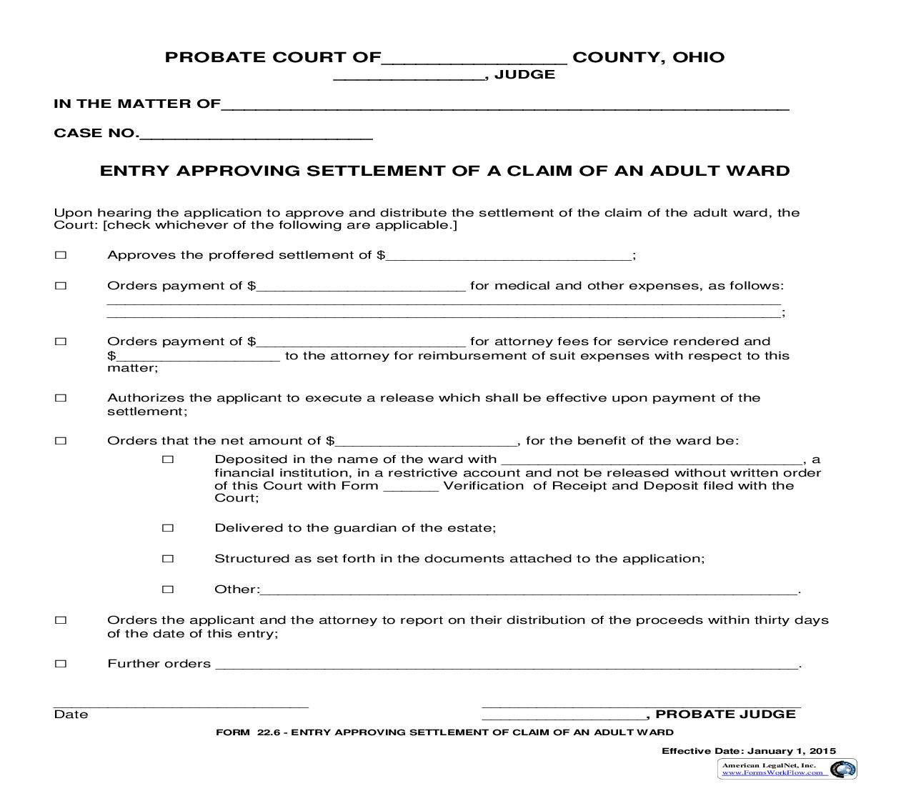 Entry Approving Settlement Of A Claim Of An Adult Ward {22.6} | Pdf Fpdf Doc Docx | Ohio