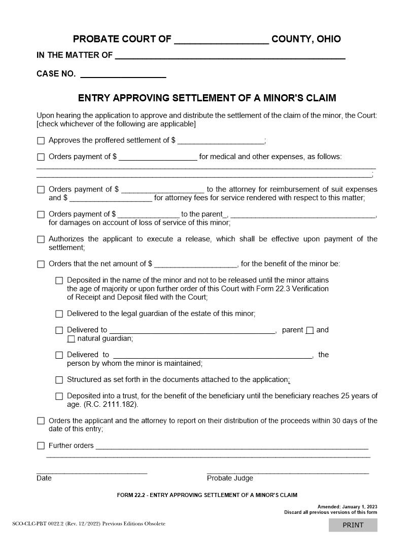 Entry Approving Settlement Of A Minors Claim {22.2} | Pdf Fpdf Doc Docx | Ohio