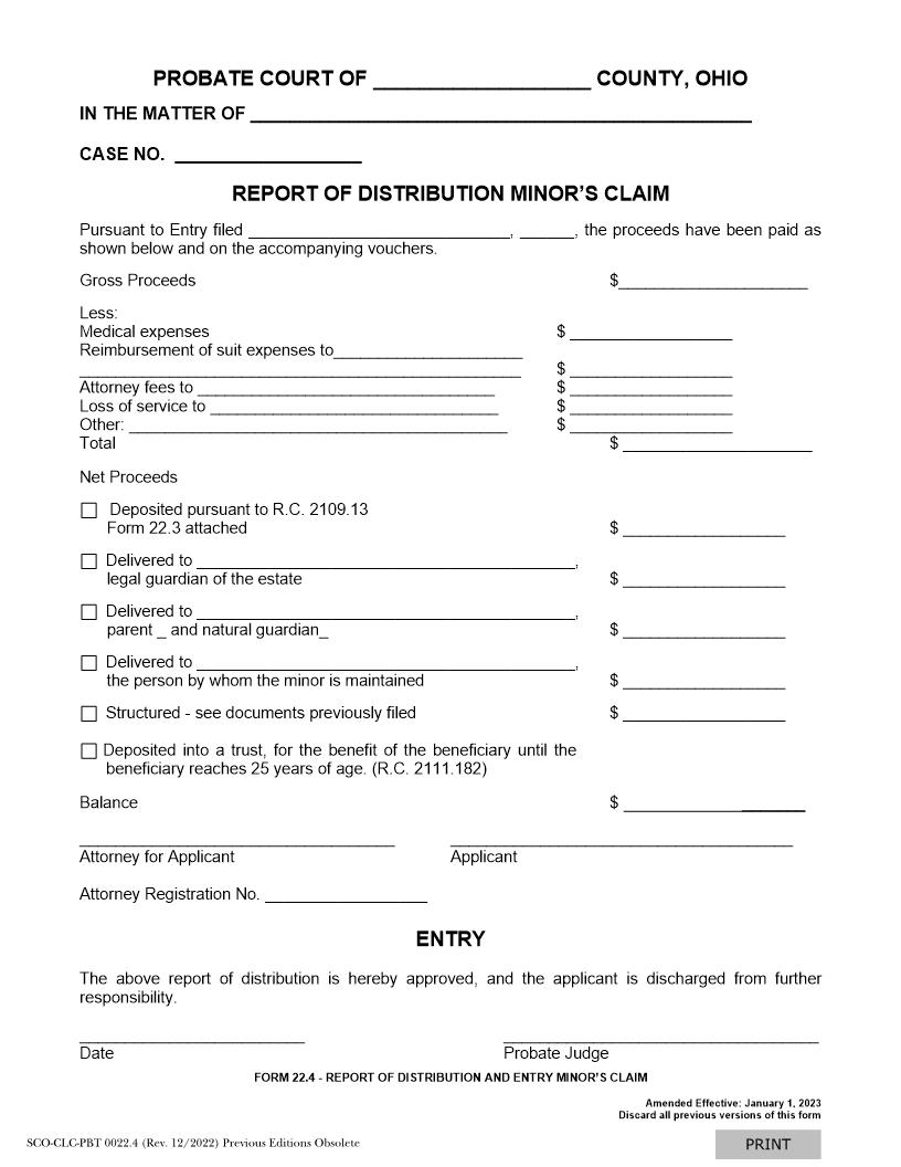 Report Of Distribution And Entry Minors Claim {22.4} | Pdf Fpdf Doc Docx | Ohio
