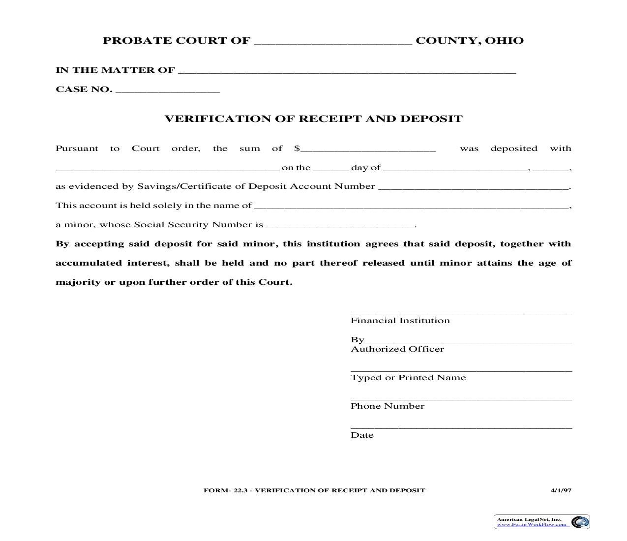 Verification Of Receipt And Deposit {22.3} | Pdf Fpdf Doc Docx | Ohio