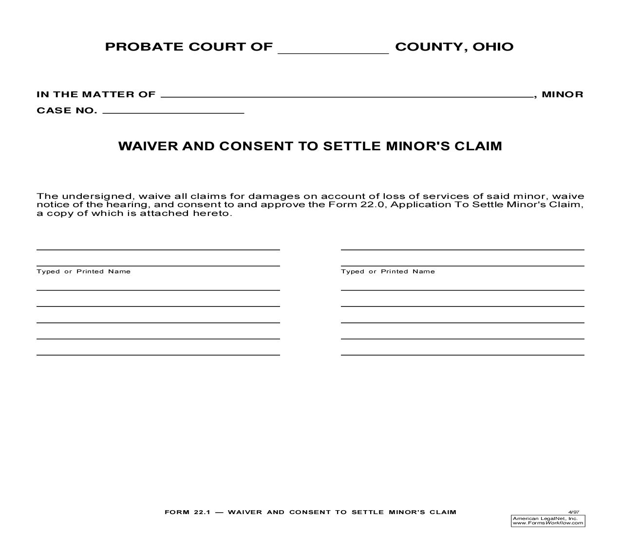Waiver And Consent To Settle Minors Claim {22.1} | Pdf Fpdf Doc Docx | Ohio