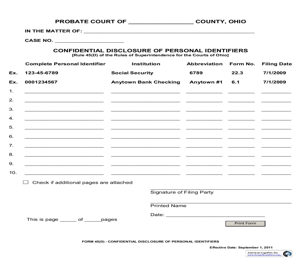 Confidential Disclosure Of Personal Identifiers {45D} | Pdf Fpdf Doc Docx | Ohio