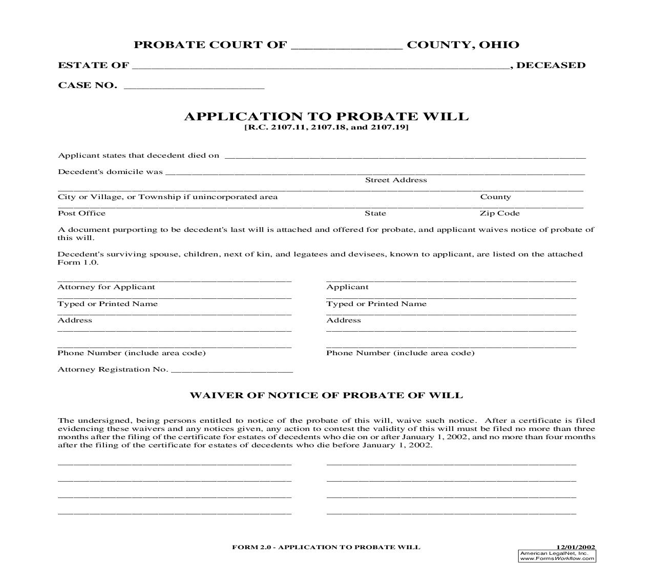 Application To Probate Will {2.0} | Pdf Fpdf Doc Docx | Ohio