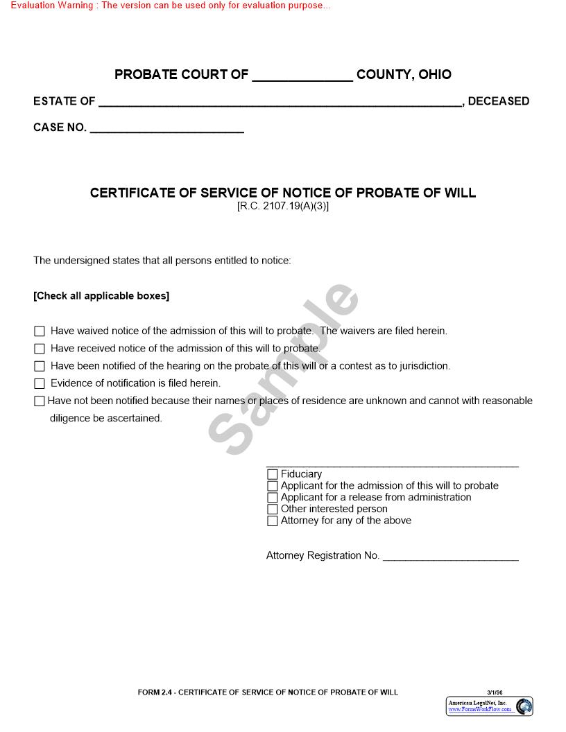Certificate Of Service Of Notice Of Probate Of Will {2.4} | Pdf Fpdf Doc Docx | Ohio