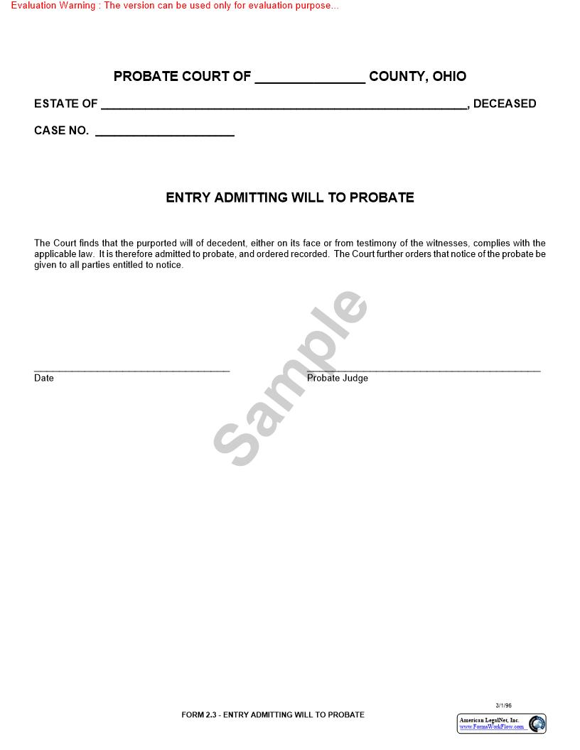 Entry Admitting Will To Probate {2.3} | Pdf Fpdf Doc Docx | Ohio