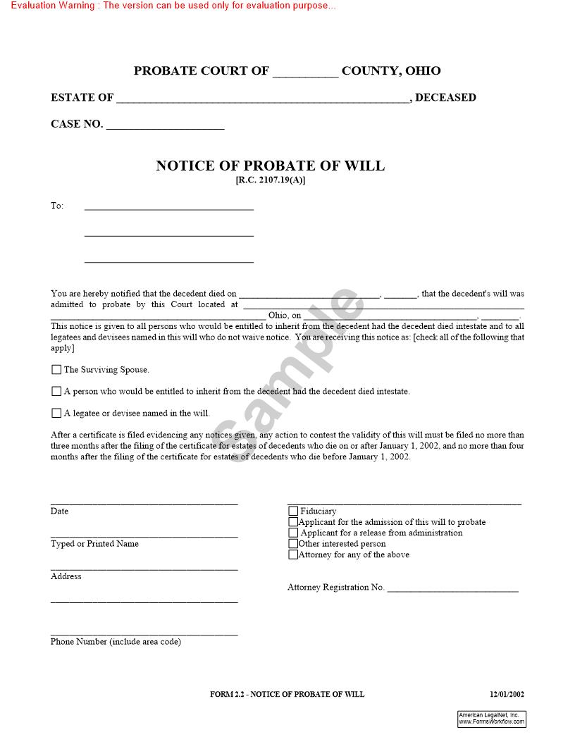 Notice Of Probate Of Will {2.2} | Pdf Fpdf Doc Docx | Ohio