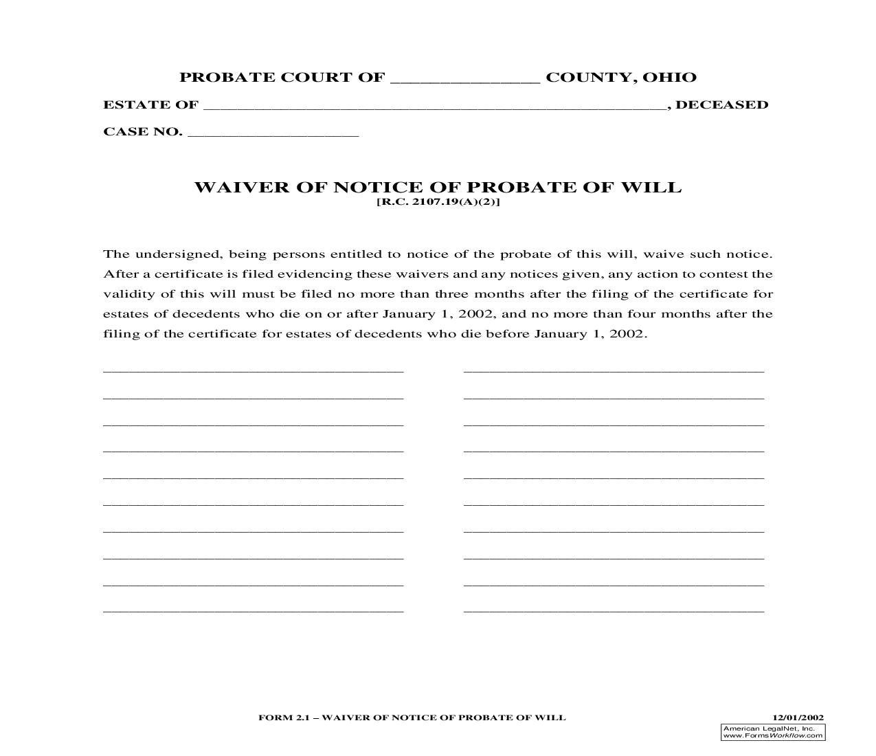Waiver Of Notice Of Probate Of Will {2.1} | Pdf Fpdf Doc Docx | Ohio