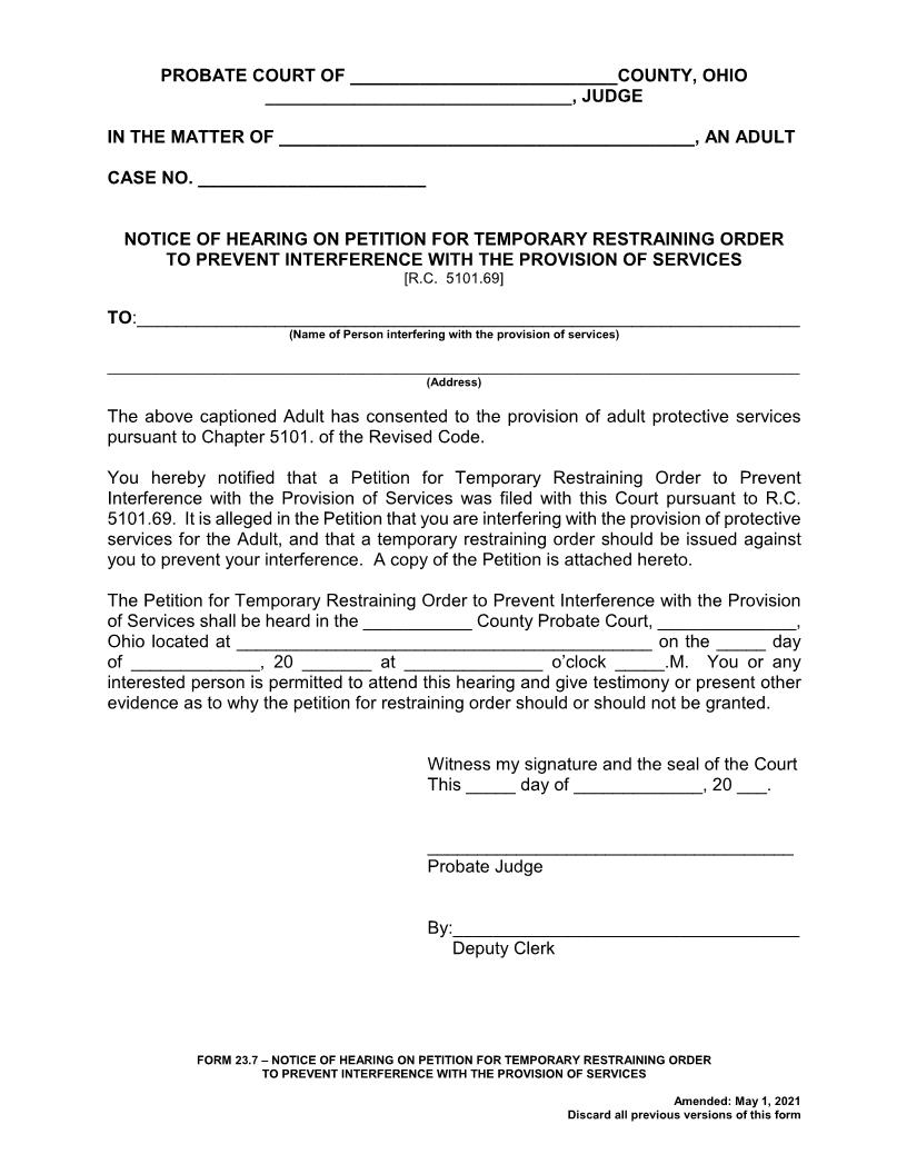 Notice Of Hearing On Petition For Temporary Resttaining Order To Prevent Interference With The Provision Of Services {23.7} | Pdf Fpdf Doc Docx | Ohio