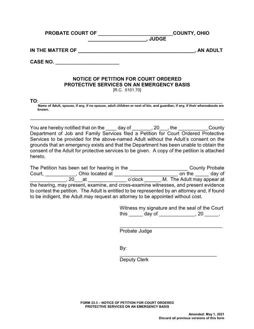 Notice Of Petition For Court Ordered Protective Services On An Emergency Basis {23.3} | Pdf Fpdf Doc Docx | Ohio