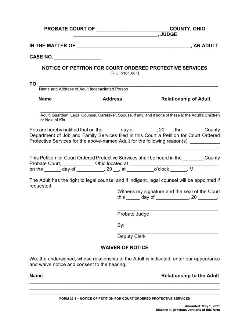 Notice of Petition For Court Ordered Protective Services {23.1} | Pdf Fpdf Doc Docx | Ohio