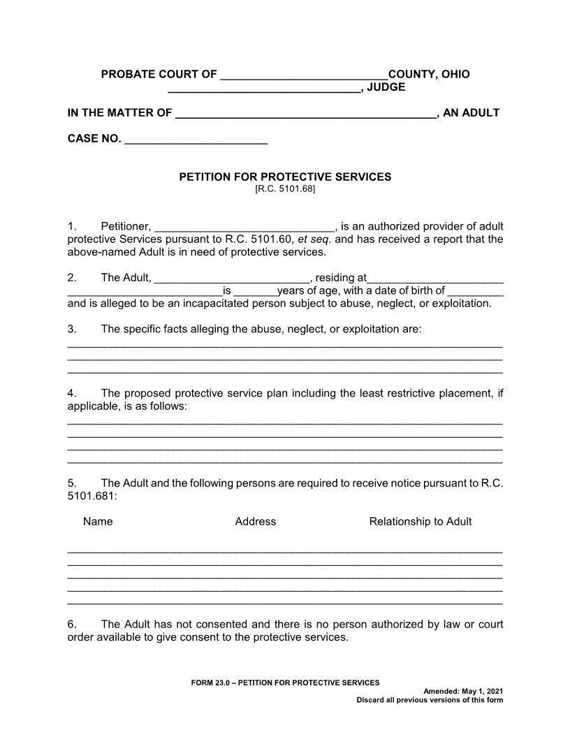 Petition For Protective Services {23.0} | Pdf Fpdf Doc Docx | Ohio