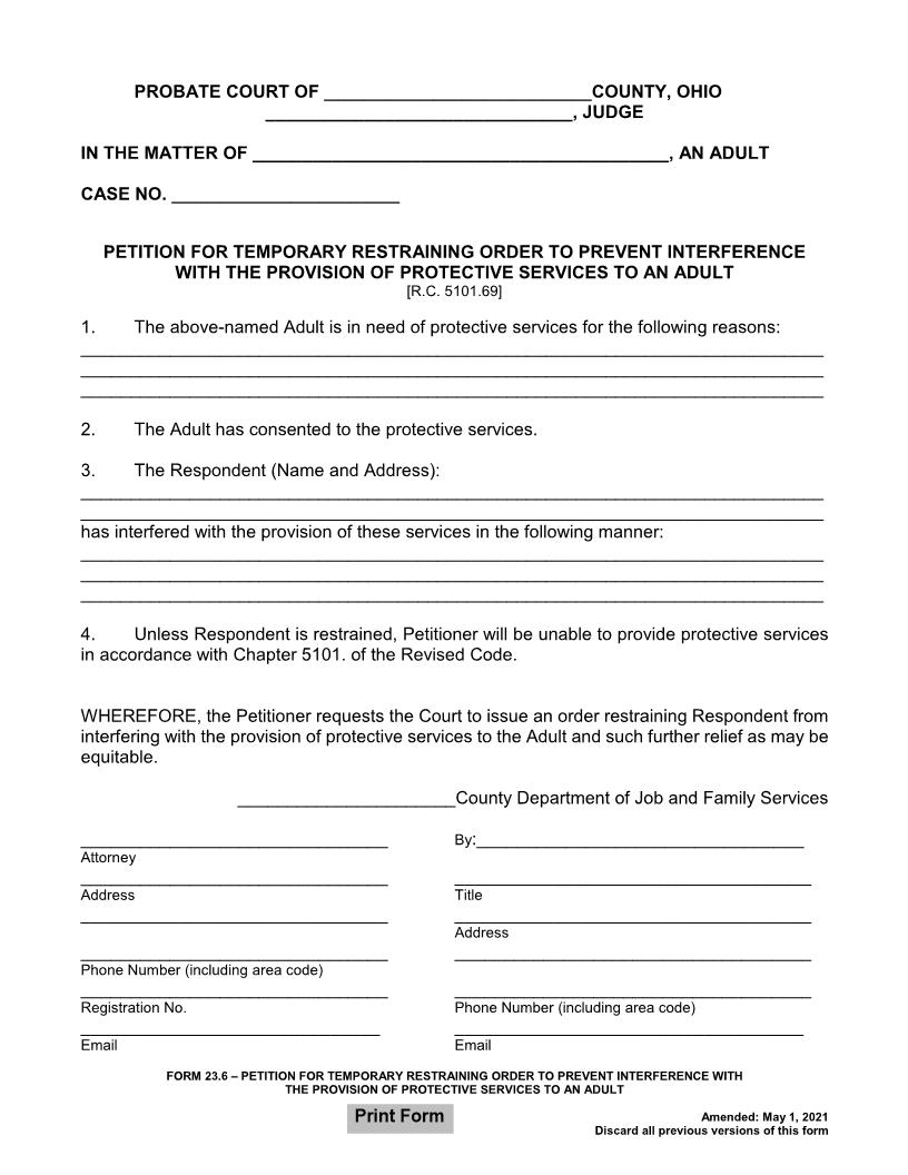 Petition For Temporary Restraining Order To Prevent Interference With The Provvision Of Protective Services {23.6} | Pdf Fpdf Doc Docx | Ohio