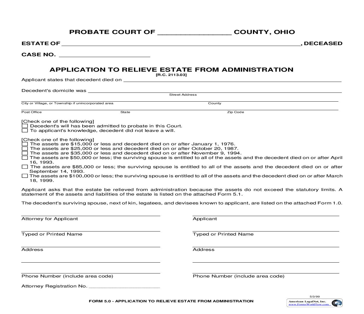 Application To Relieve Estate From Administration {5.0} | Pdf Fpdf Doc Docx | Ohio