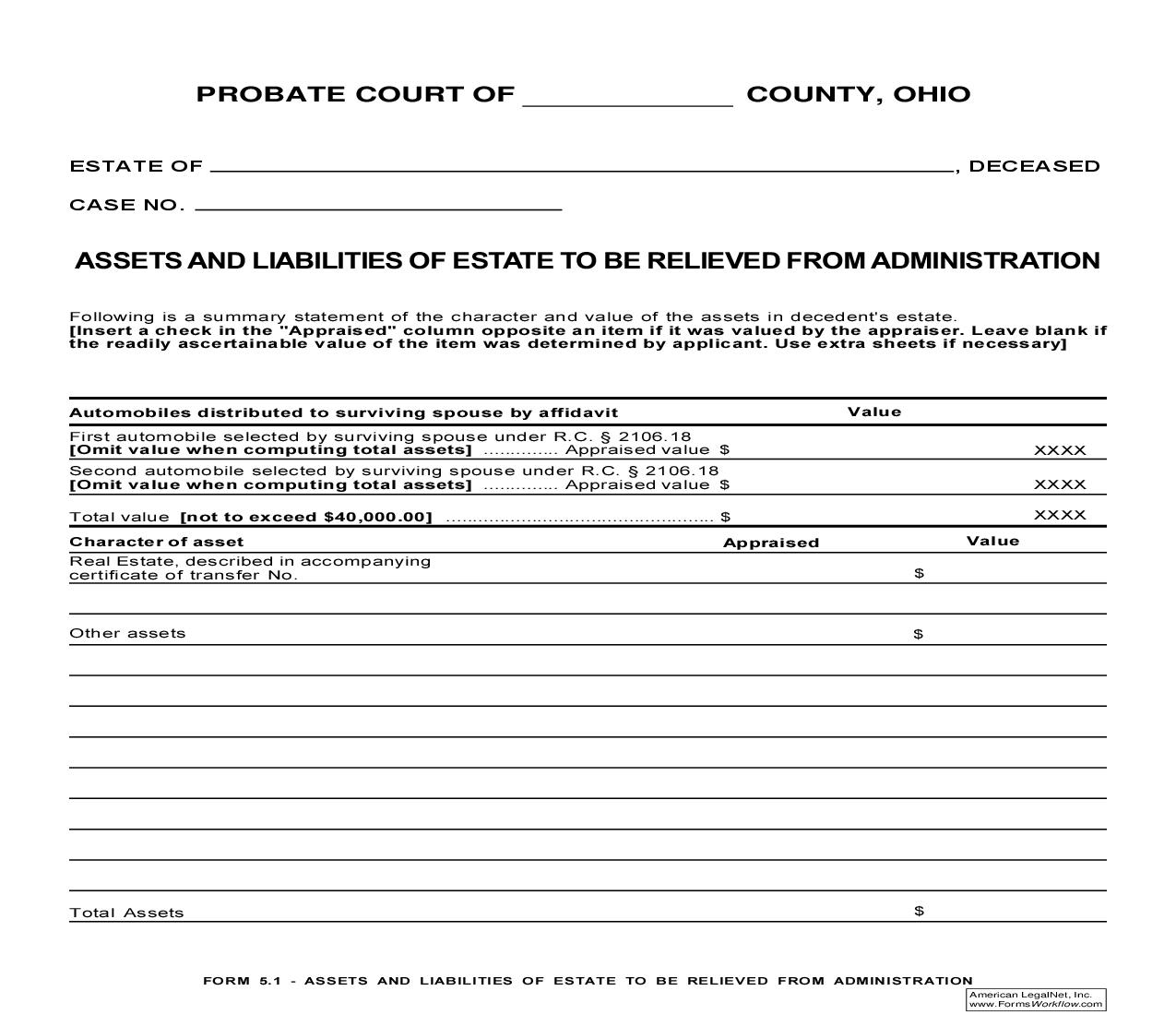 Assets And Liabilities Of Estate To Be Relieved From Administration {5.1} | Pdf Fpdf Doc Docx | Ohio