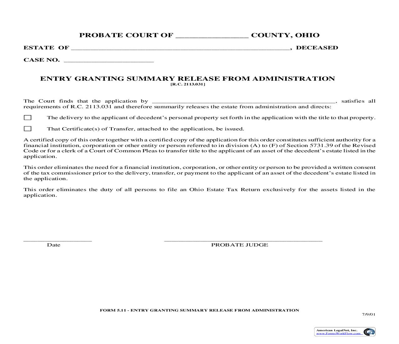 Entry Granting Summary Release From Administration {5.11} | Pdf Fpdf Doc Docx | Ohio