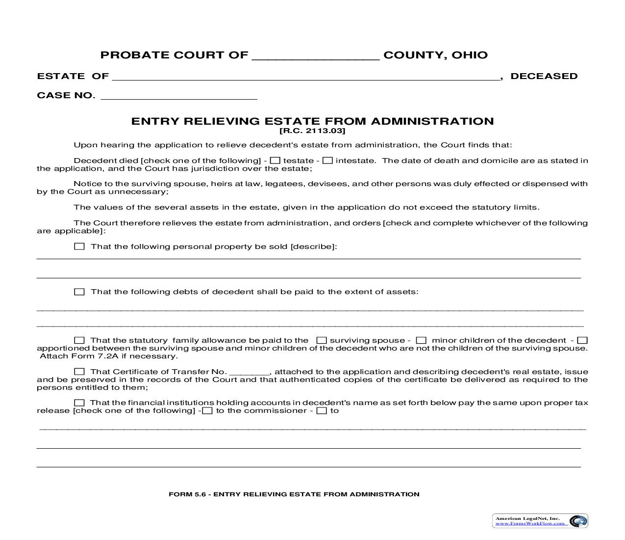 Entry Relieving Estate From Administration {5.6} | Pdf Fpdf Doc Docx | Ohio
