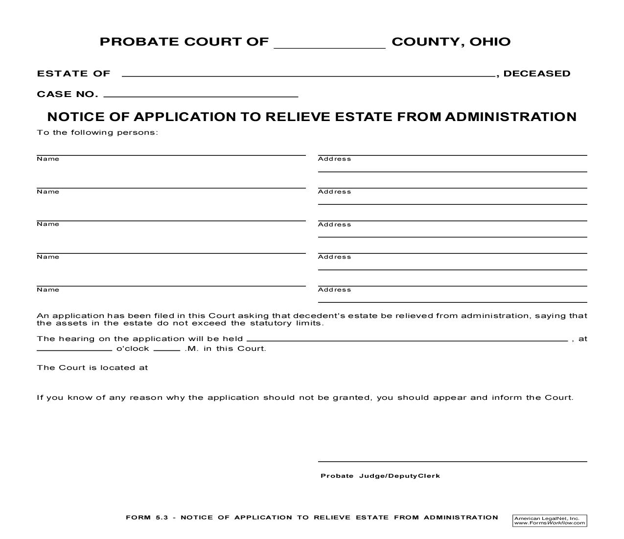 Notice Of Application To Relieve Estate From Administration {5.3} | Pdf Fpdf Doc Docx | Ohio