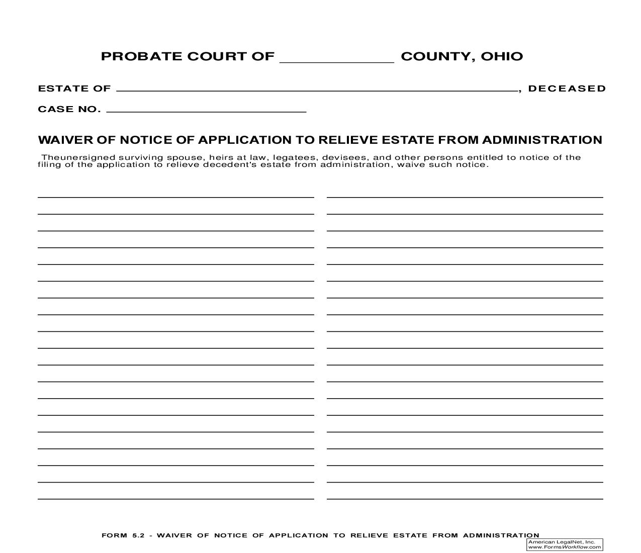 Waiver Of Notice Of Application To Relieve Estate From Administration {5.2} | Pdf Fpdf Doc Docx | Ohio