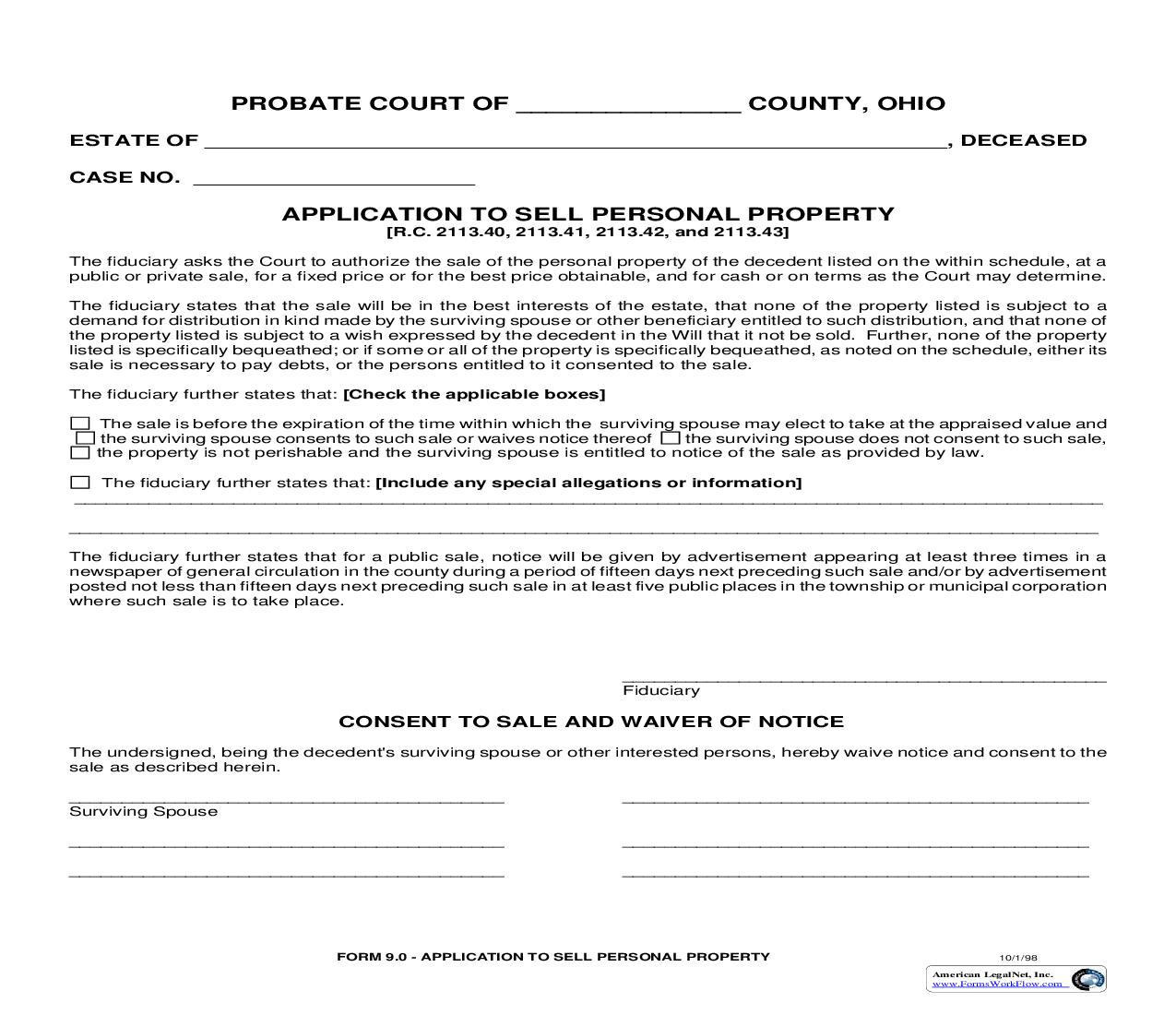 Application To Sell Personal Property {9.0} | Pdf Fpdf Doc Docx | Ohio