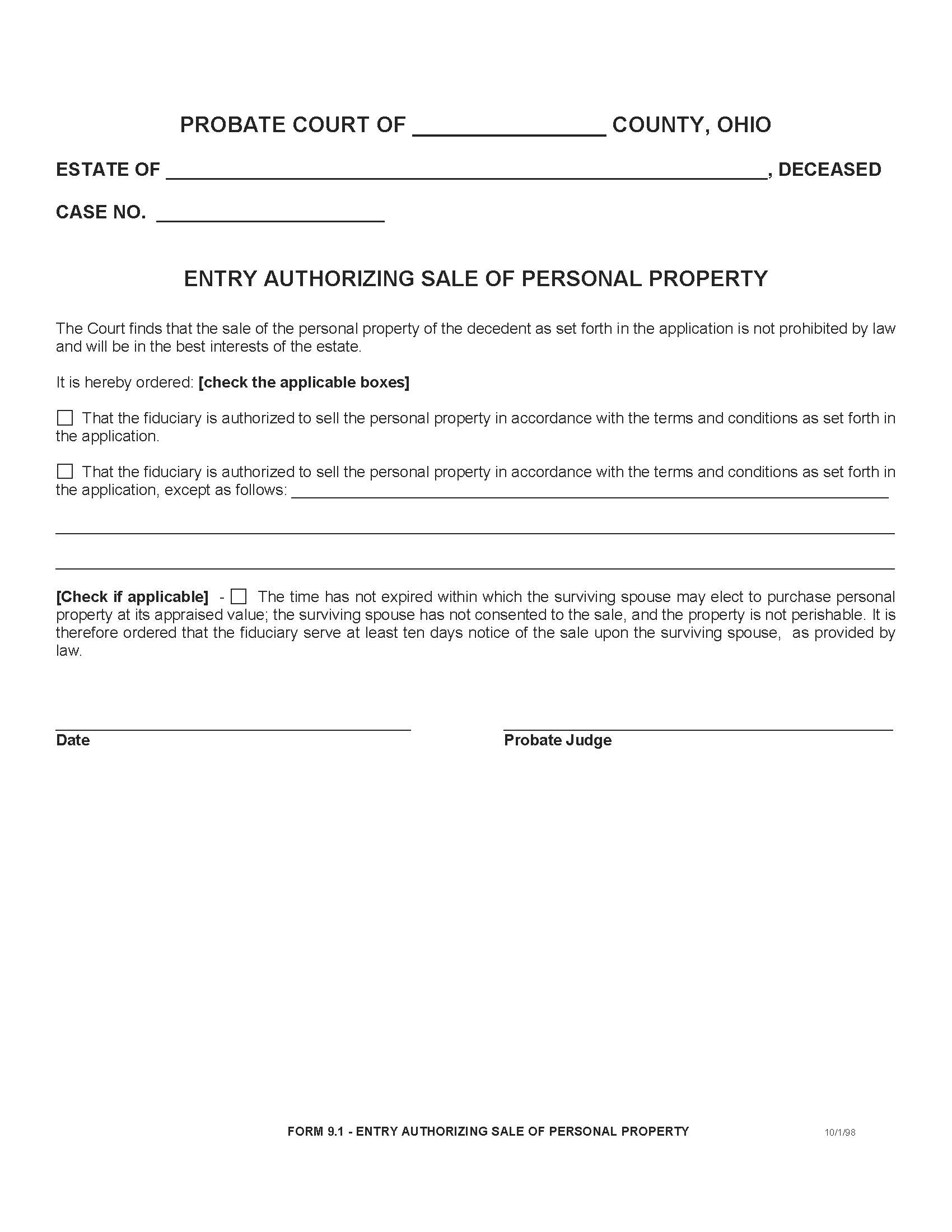 Entry Authorizing Sale Of Personal Property {9.1} | Pdf Fpdf Doc Docx | Ohio