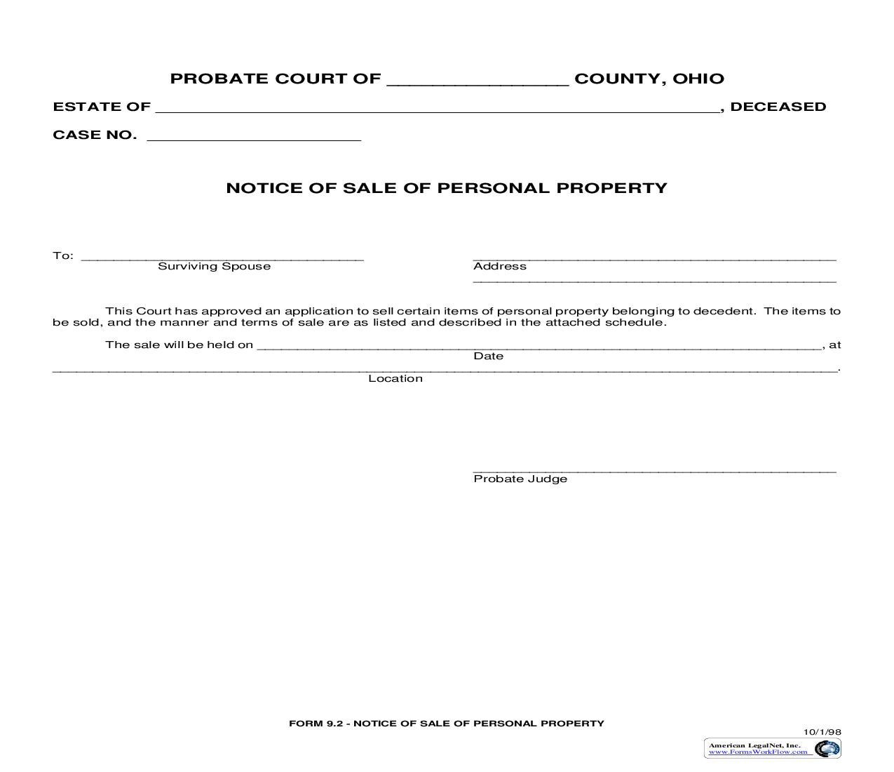 Notice Of Sale Of Personal Property {9.2} | Pdf Fpdf Doc Docx | Ohio