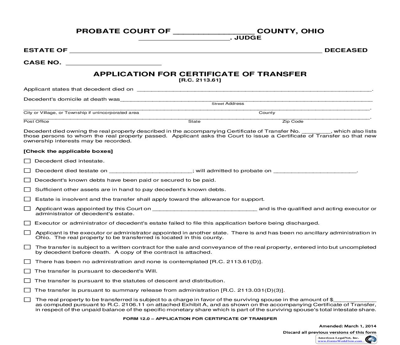 Application For Certificate Of Transfer {12.0} | Pdf Fpdf Doc Docx | Ohio