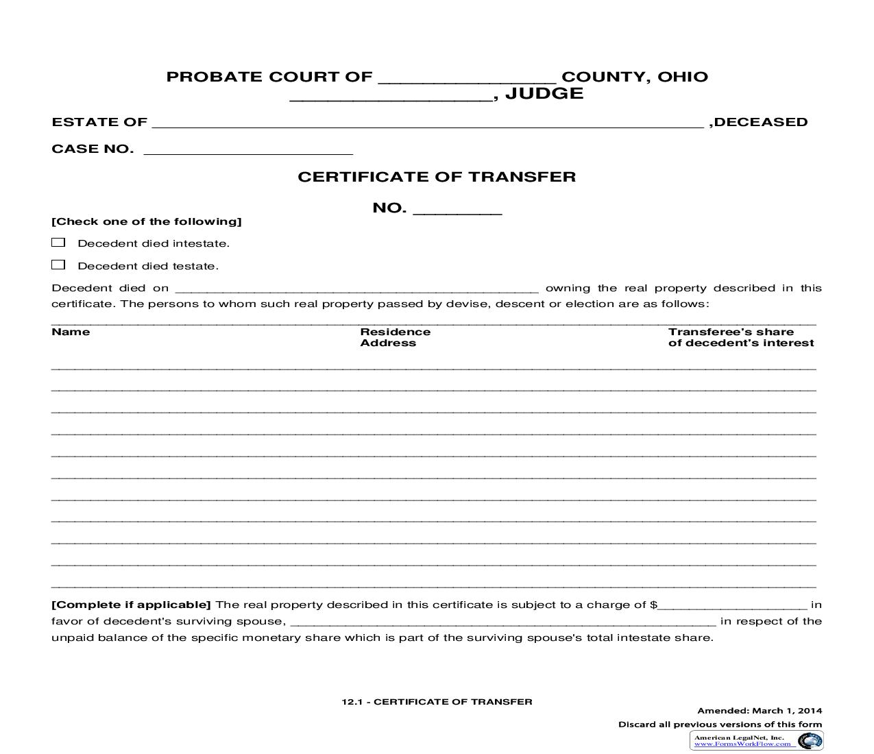 Certificate Of Transfer {12.1} | Pdf Fpdf Doc Docx | Ohio
