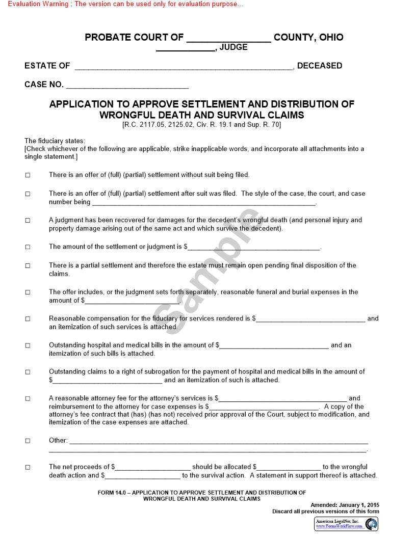 Application To Approve Settlement And Distribution Of Wrongful Death And Survival Claims {14.0} | Pdf Fpdf Doc Docx | Ohio