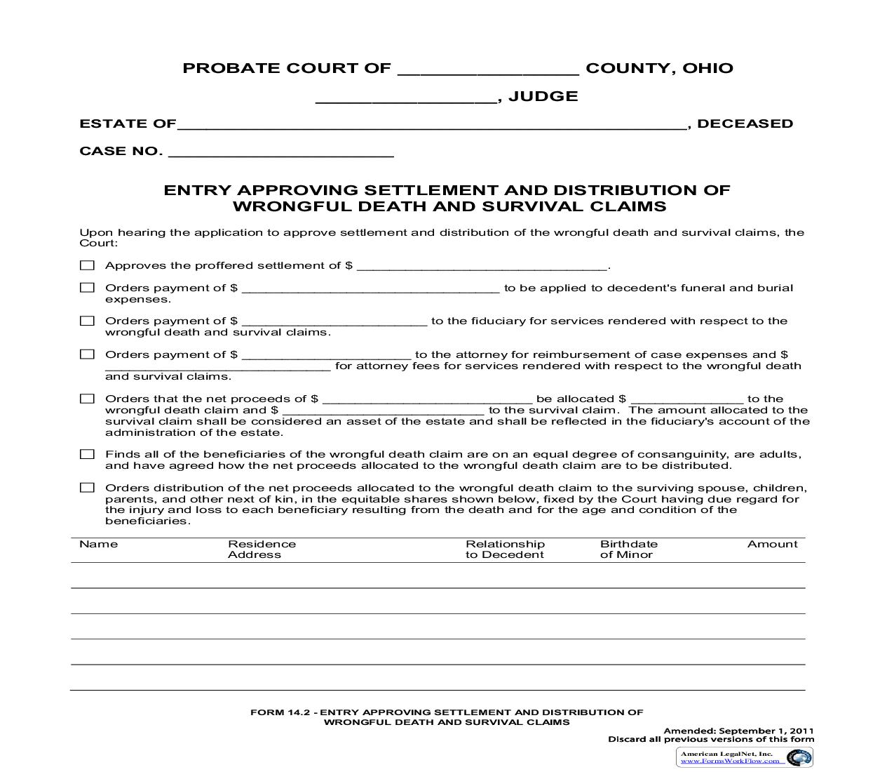 Entry Approving Settlement And Distribution Of Wrongful Death And Survivial Claims {14.2} | Pdf Fpdf Doc Docx | Ohio