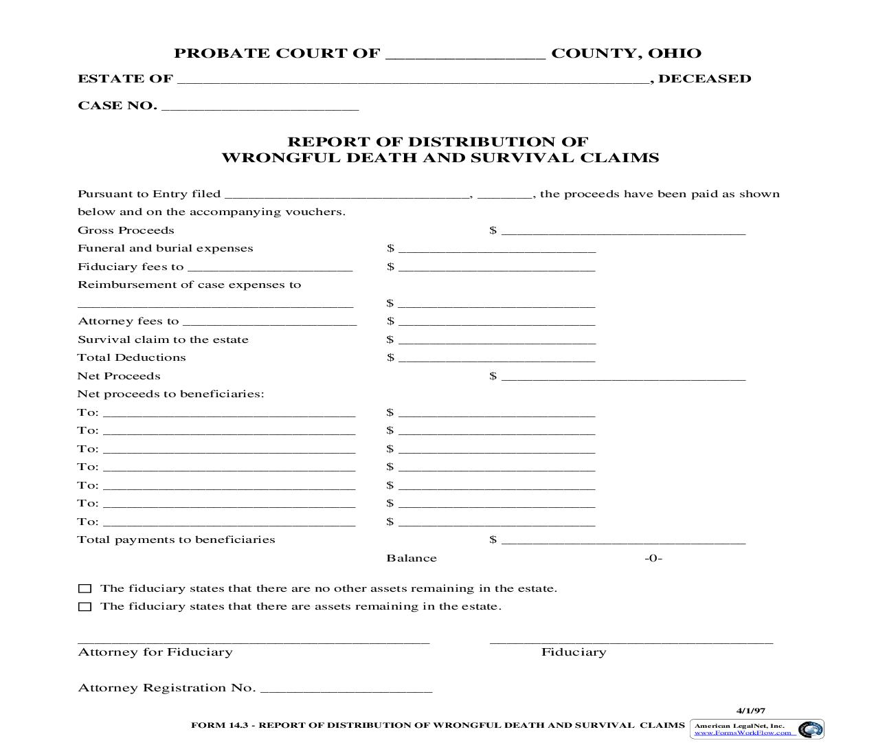 Report Of Distribution Of Wrongful Death And Survival Claims {14.3} | Pdf Fpdf Doc Docx | Ohio