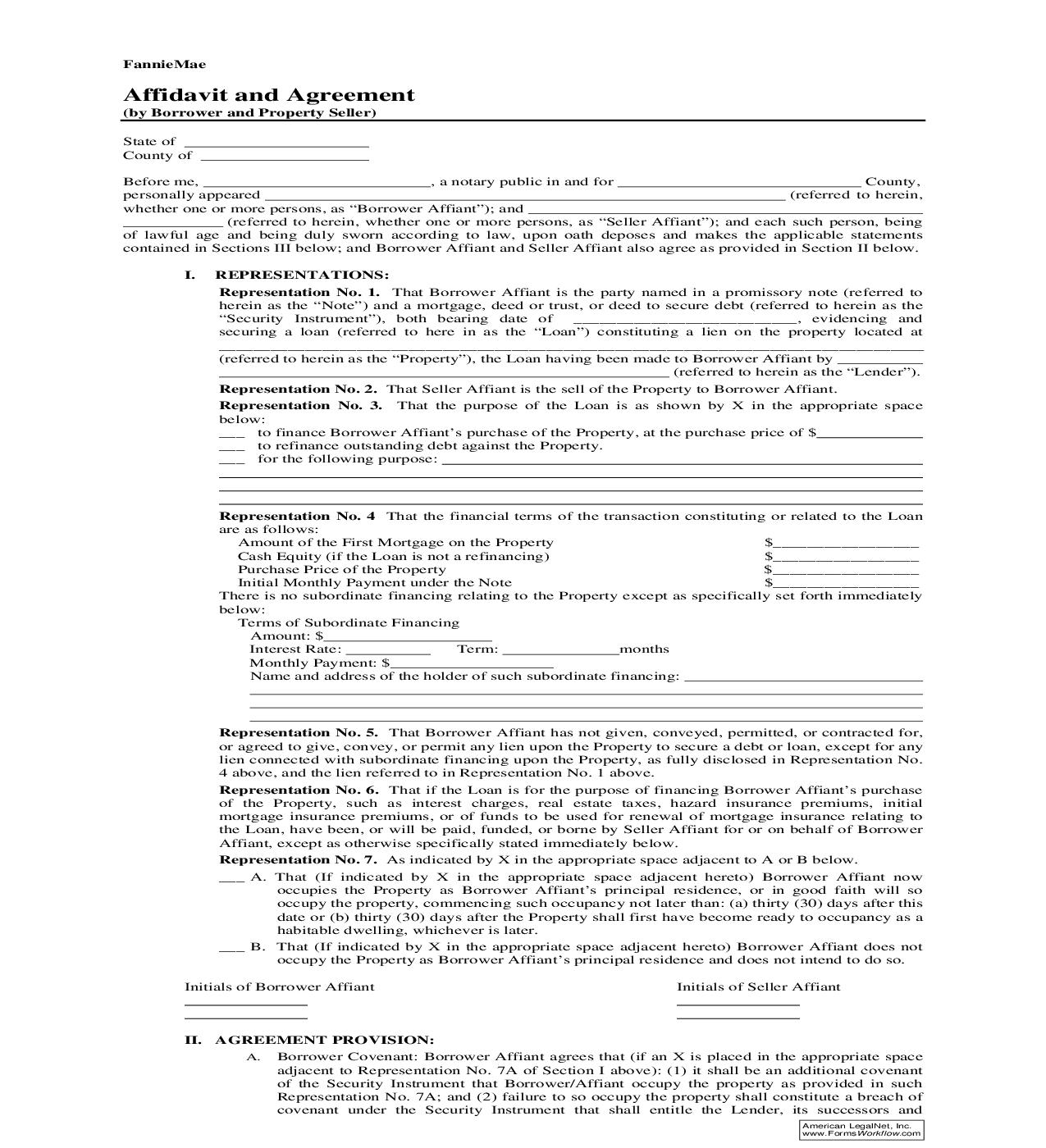 Affidavit And Agreement (Fannie Mae) | Pdf Fpdf Doc Docx | Ohio