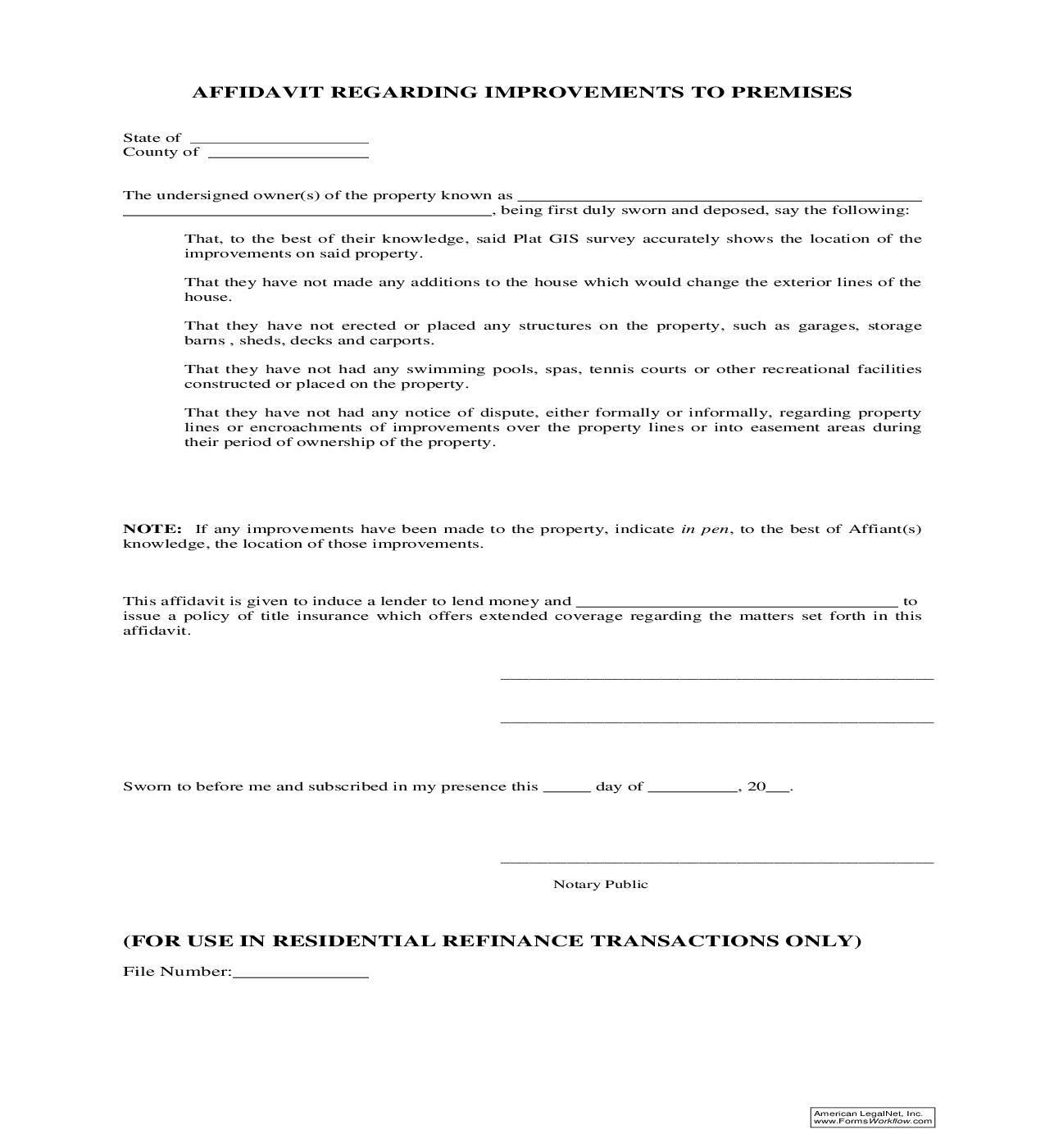 Affidavit Regarding Improvements To Premises | Pdf Fpdf Doc Docx | Ohio