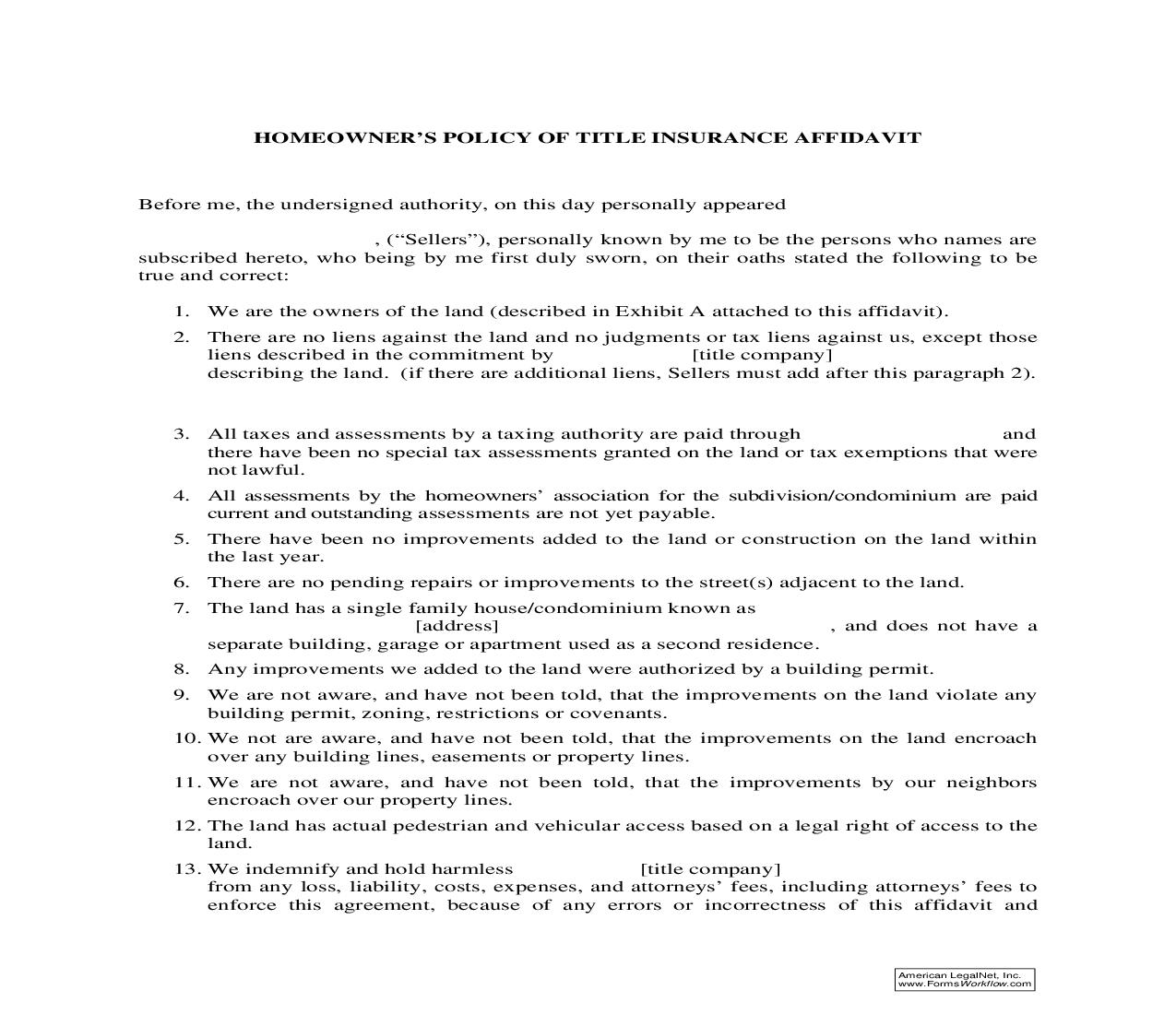 Homeowners Policy Of Title Insurance Affidavit | Pdf Fpdf Doc Docx | Ohio