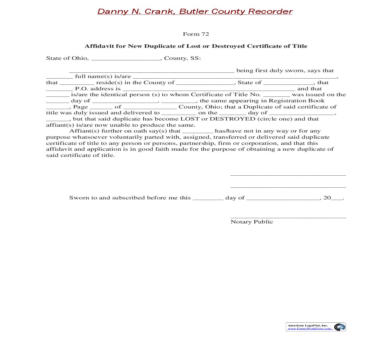 Butler County Affidavit For New Duplicate Of Lost Or Destroyed Certificate Of Title {72} | Pdf Fpdf Doc Docx | Ohio