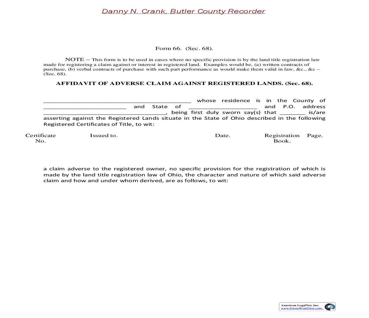 Butler County Affidavit Of Adverse Claim Against Registered Land {66} | Pdf Fpdf Doc Docx | Ohio