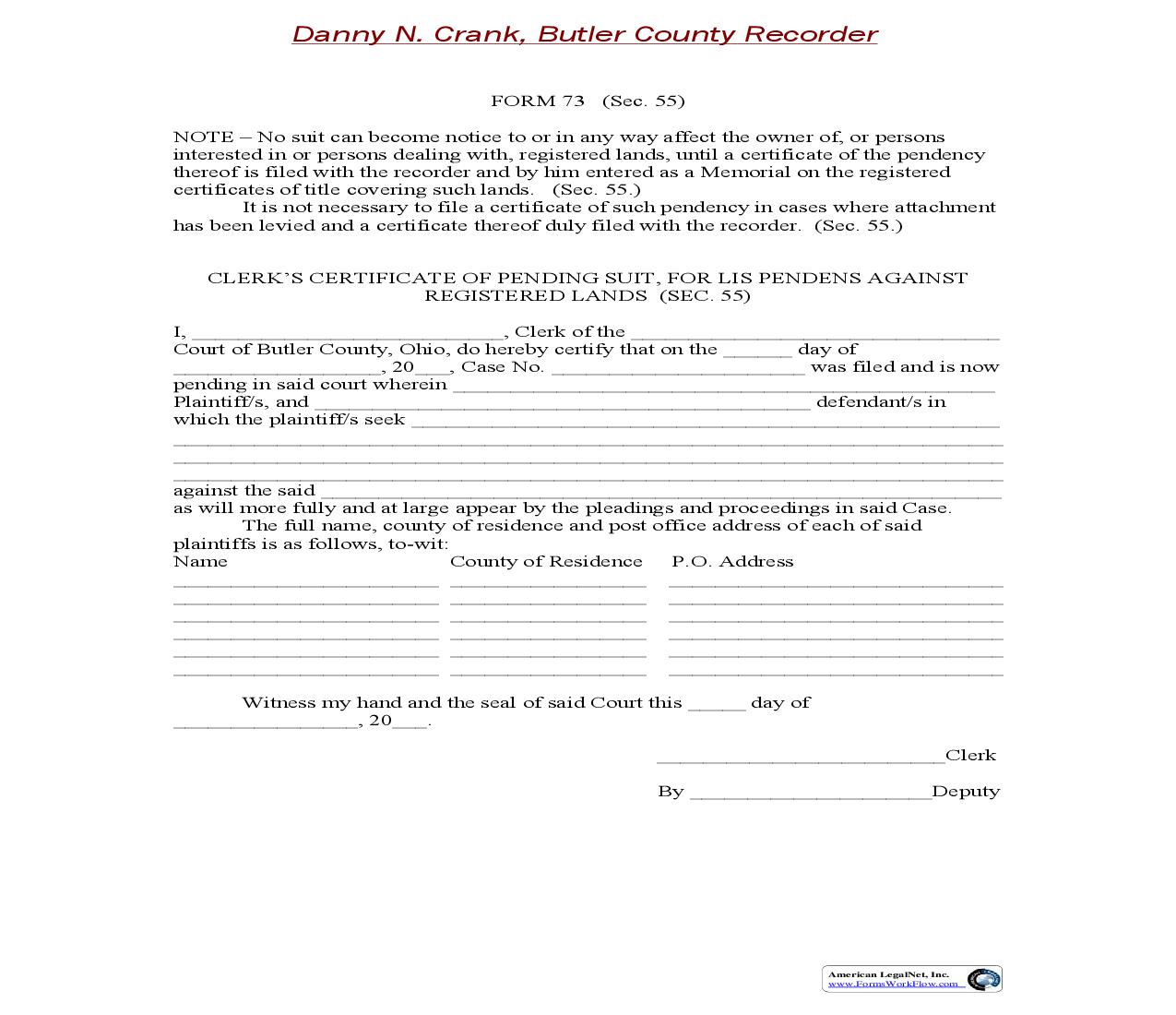 Butler County Clerks Certificate Of Pending Suit For Lis Pendens Against Registered Lands {73} | Pdf Fpdf Doc Docx | Ohio