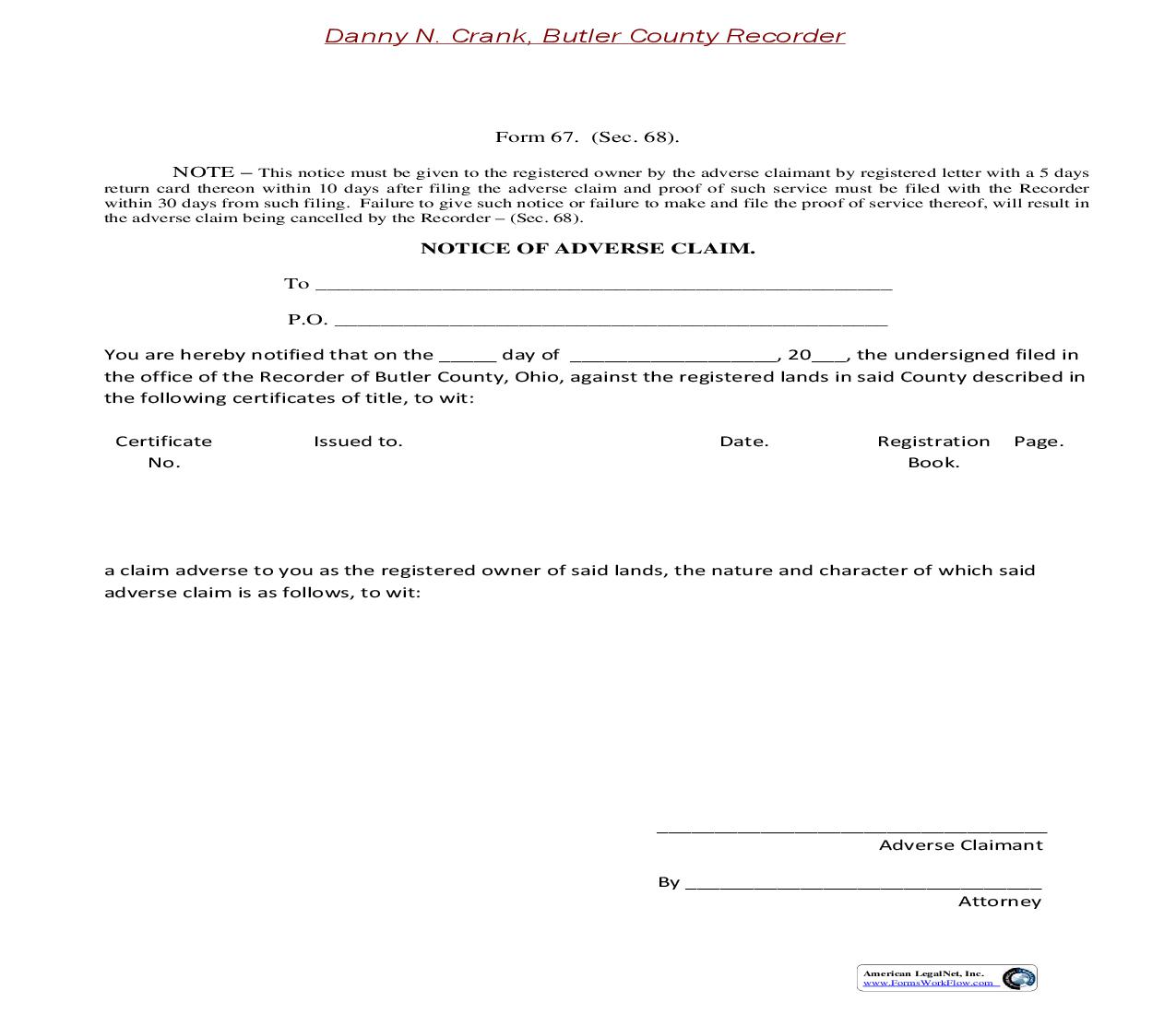 Butler County Notice Of Adverse Claim (Registered Land) {67} | Pdf Fpdf Doc Docx | Ohio