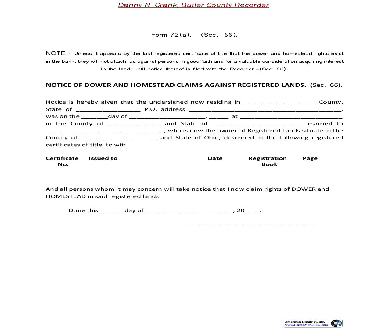 Butler County Notice Of Dower And Homestead Claims Against Registered Lands {72(a)} | Pdf Fpdf Doc Docx | Ohio