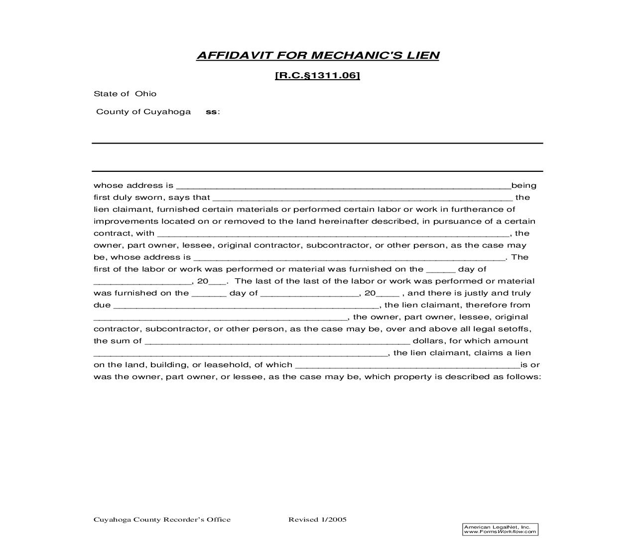 Cuyahoga County Affidavit For Mechanics Lien | Pdf Fpdf Doc Docx | Ohio