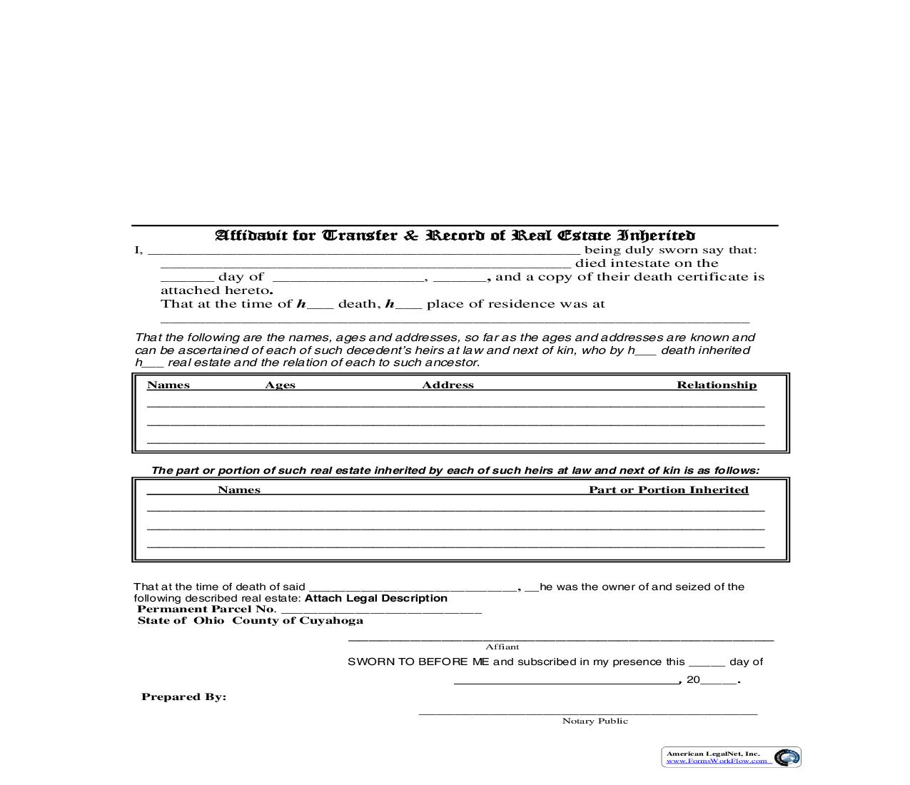 Cuyahoga County Affidavit For Transfer And Record Of Real Estate Inherited | Pdf Fpdf Doc Docx | Ohio