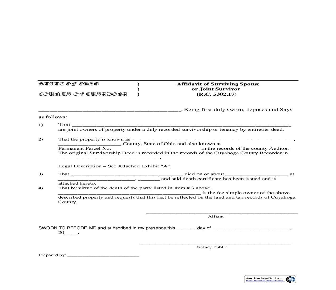 Cuyahoga County Affidavit of Surviving Spouse Or Joint Survivor | Pdf Fpdf Doc Docx | Ohio